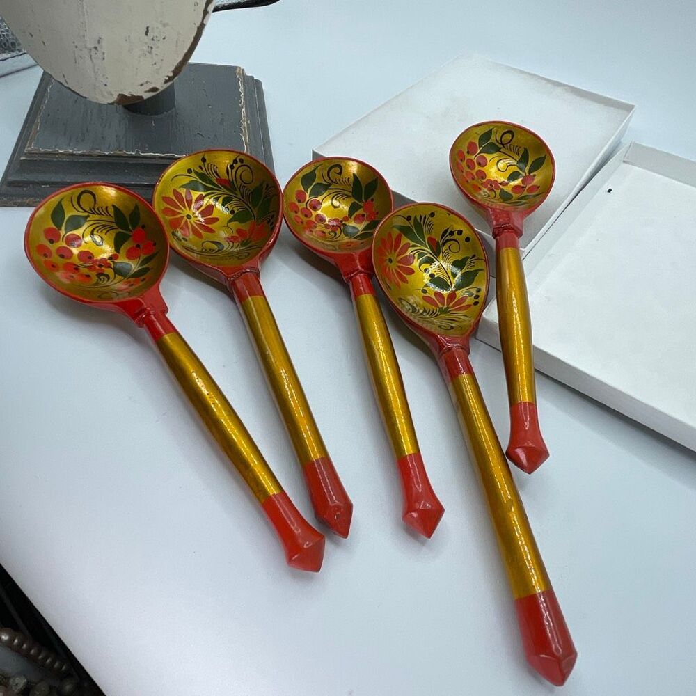 Set of 6 vintage Russian Khokhloma Hand Painted Wooden Spoons